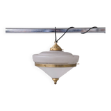 Two Tone Mid-Century French Brass and Glass Pendant Light (5 available)