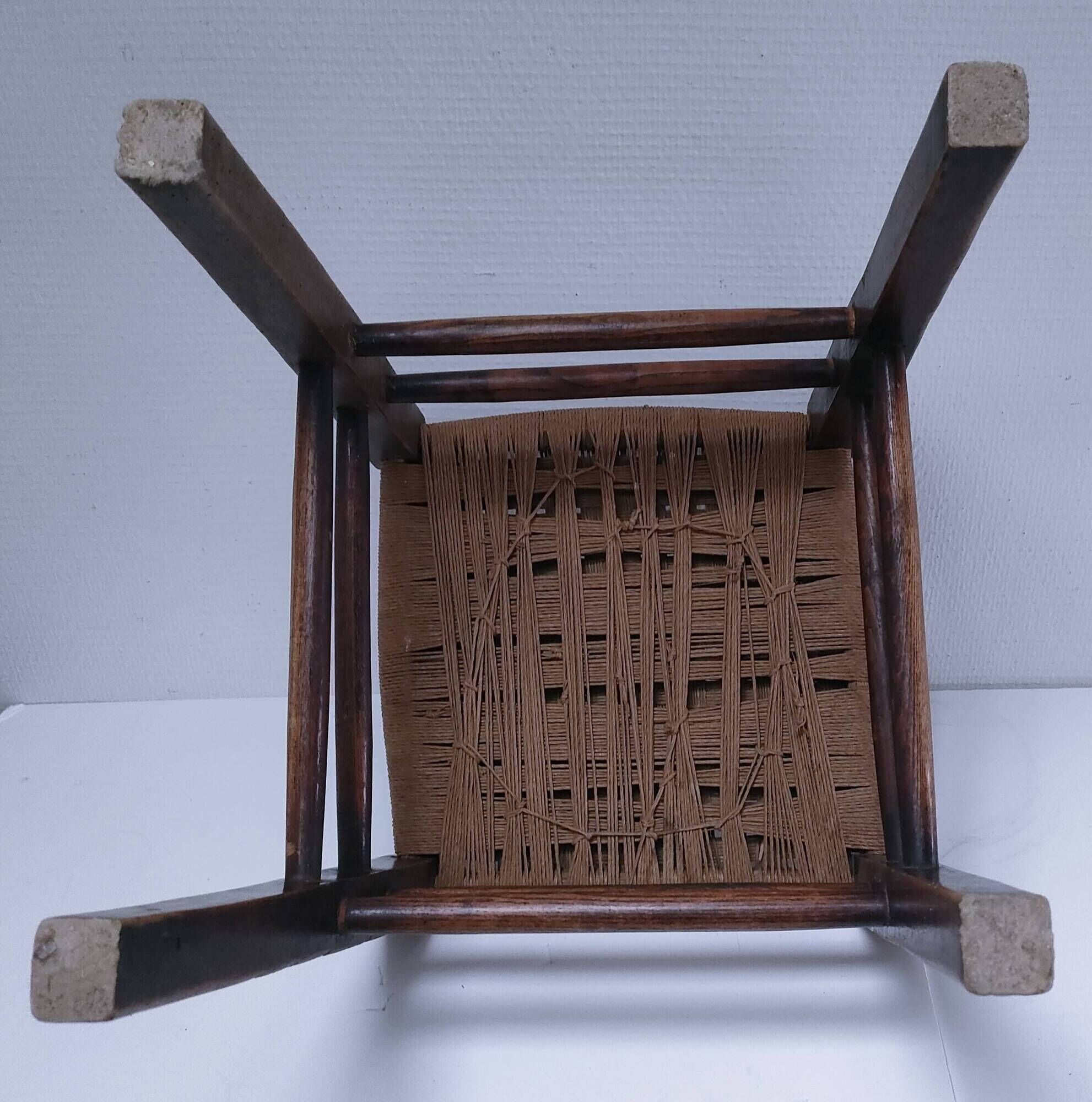 wooden stool with woven plant seat vintage