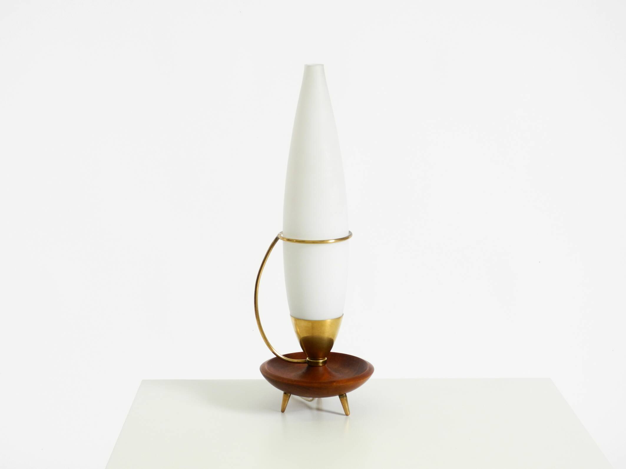 Large 1950s table lamp made of brass and teak, with a frosted glass shade