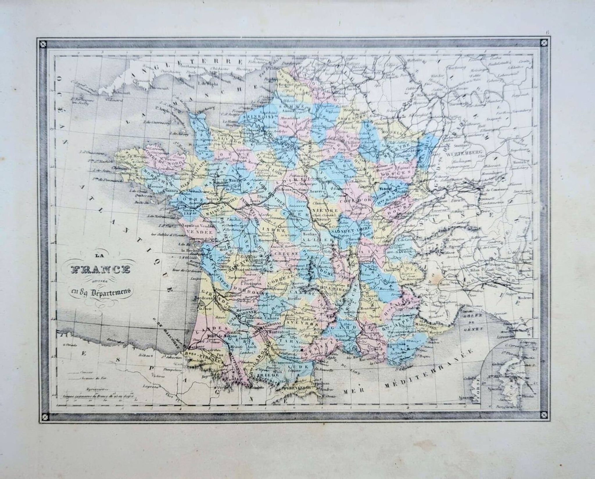 France and departments, old map, printed in 1852. Authentic.
