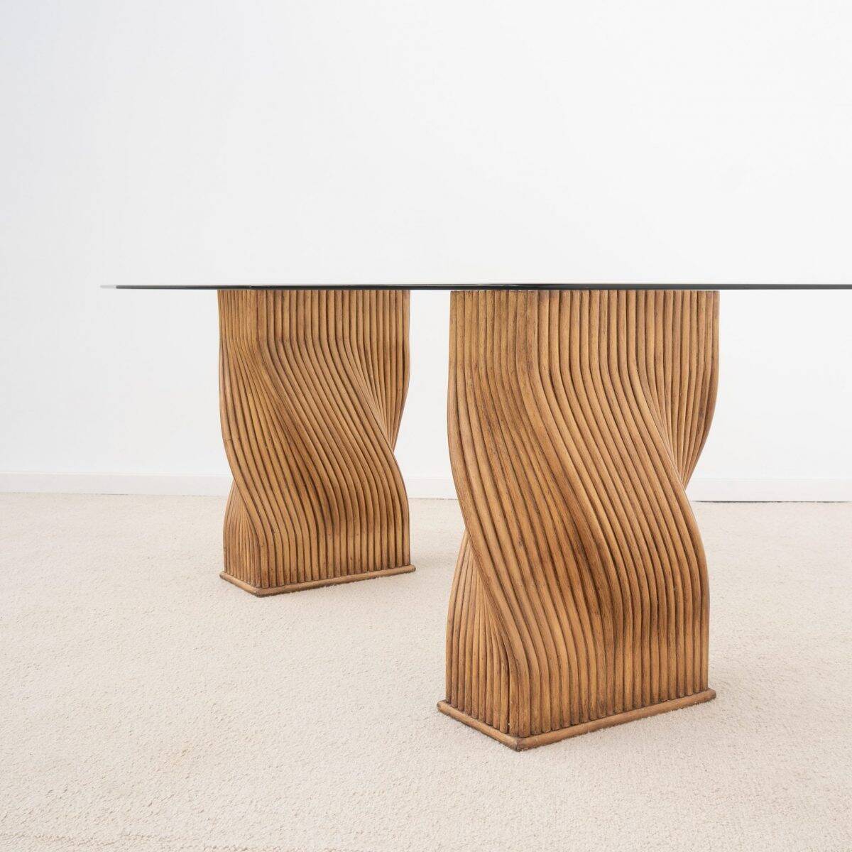 Dining table or desk in glass and bamboo from the 1970s.