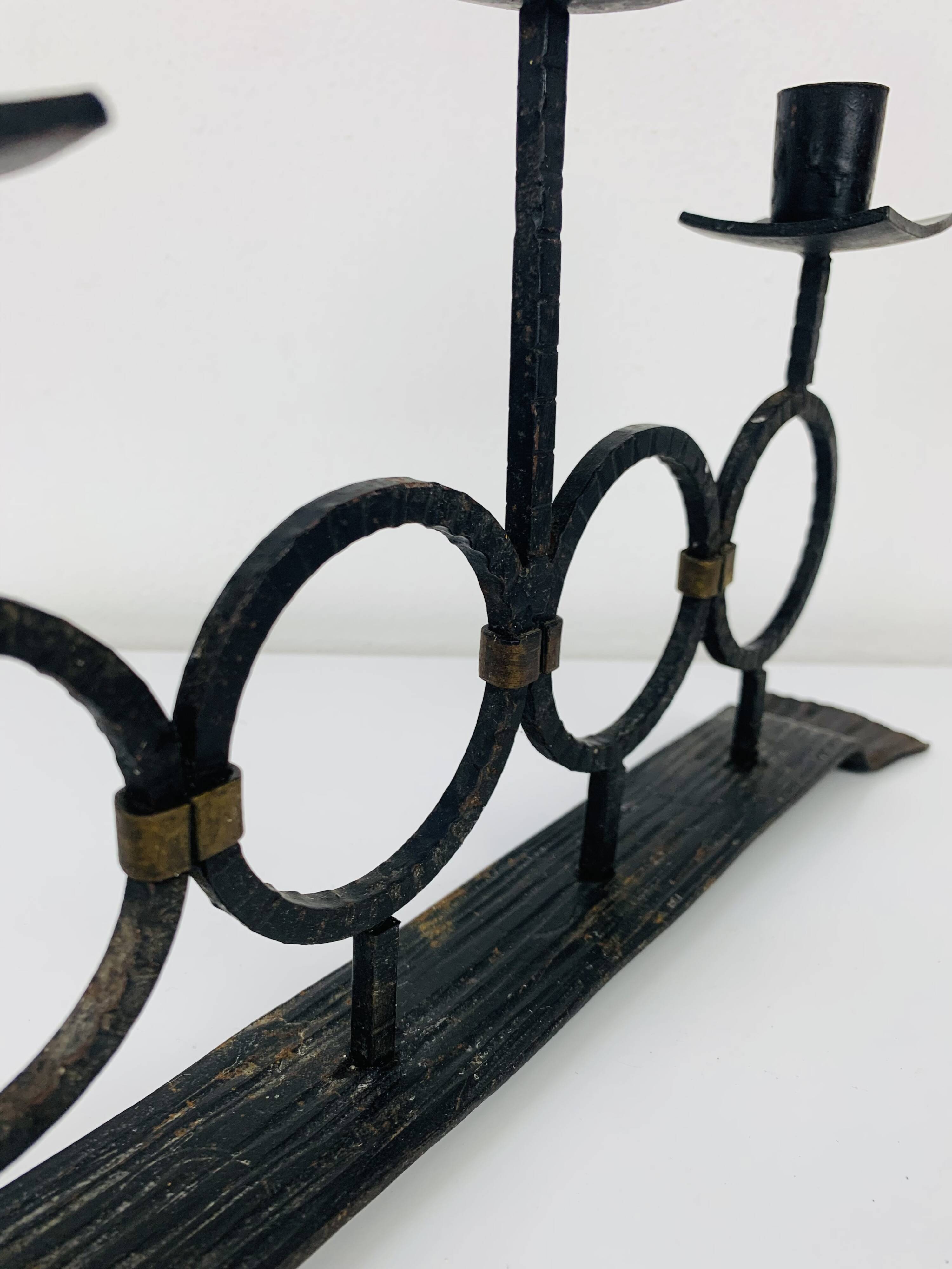 Vintage Brutalist Wrought Iron Triple Candle Holder