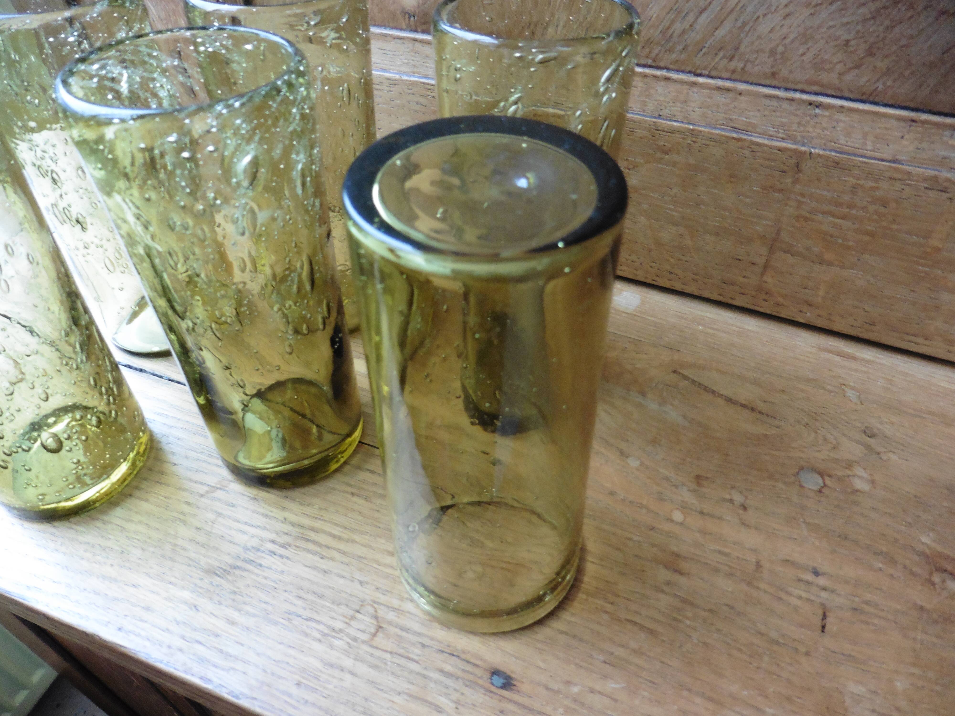 6 bubbled glasses, mouth-blown, Biot amber-colored orangeade service