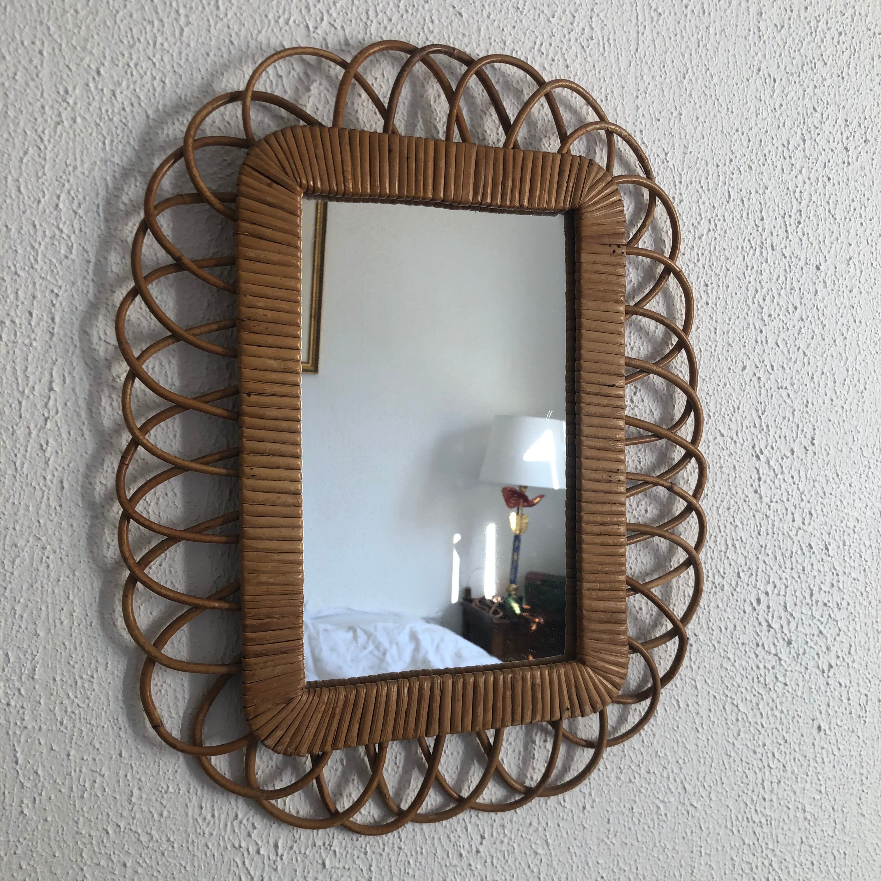 Vintage mirror 1960 sun rattan wicker rectangle - 48 x 38 cm