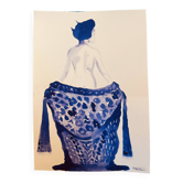 Monochrome indigo blue watercolour signed portrait of a woman "Japanese Denim"