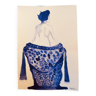 Monochrome indigo blue watercolour signed portrait of a woman "Japanese Denim"