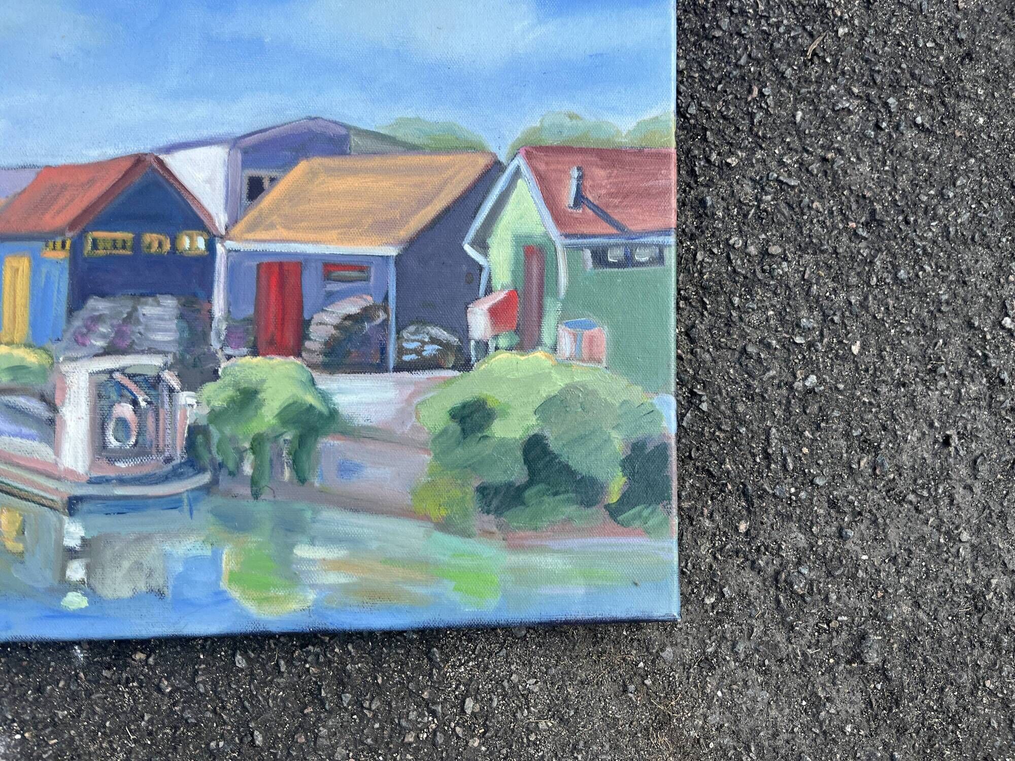 Painting signed by Esther Durand – Colourful huts by the water – Oil on