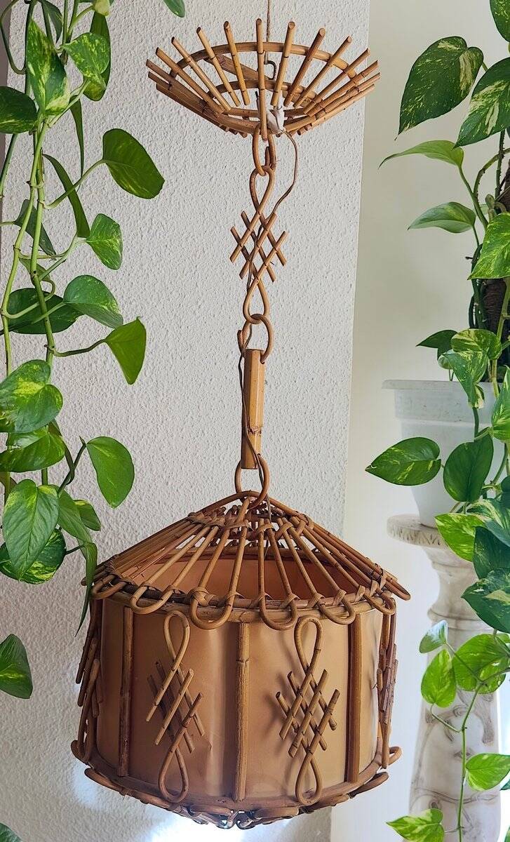 Hanging bamboo lamp with chinoiserie details by Louis Sognot, France, 1950.
