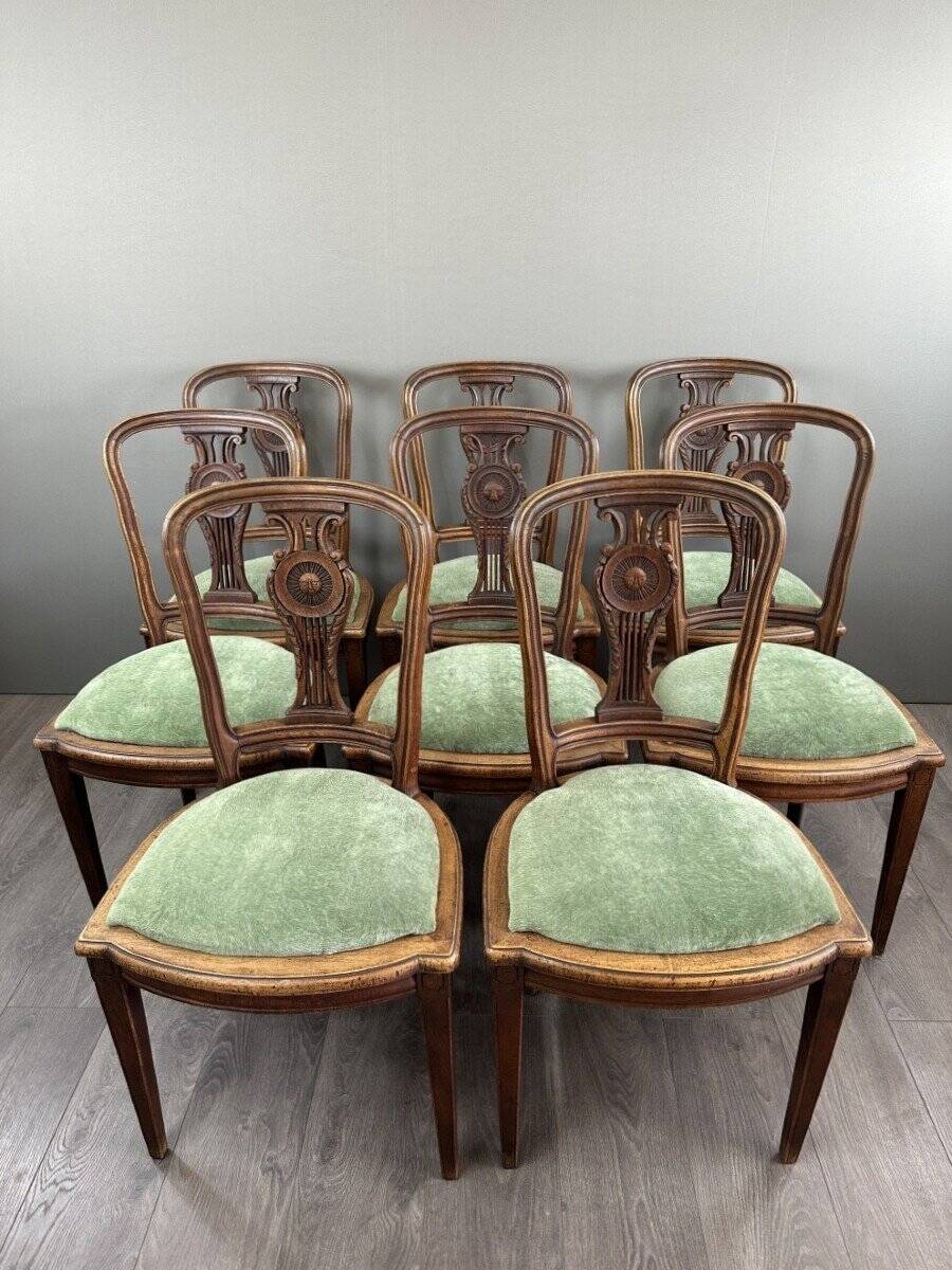 8 Vintage Wooden Chairs With Green Velvet Seat 20th Century