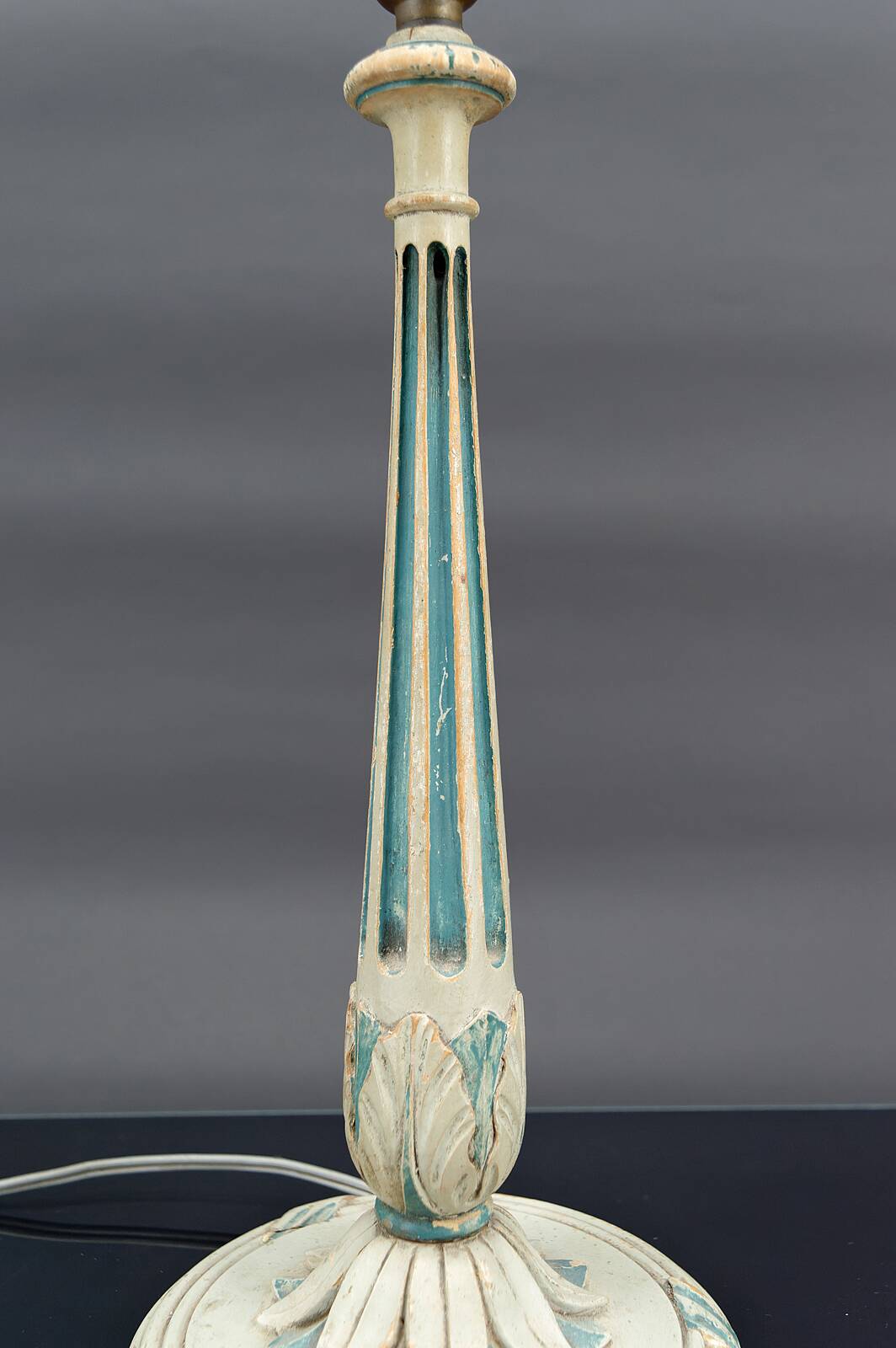 Art Deco wooden lamp painted in white and patinated blue, France, Circa 1920