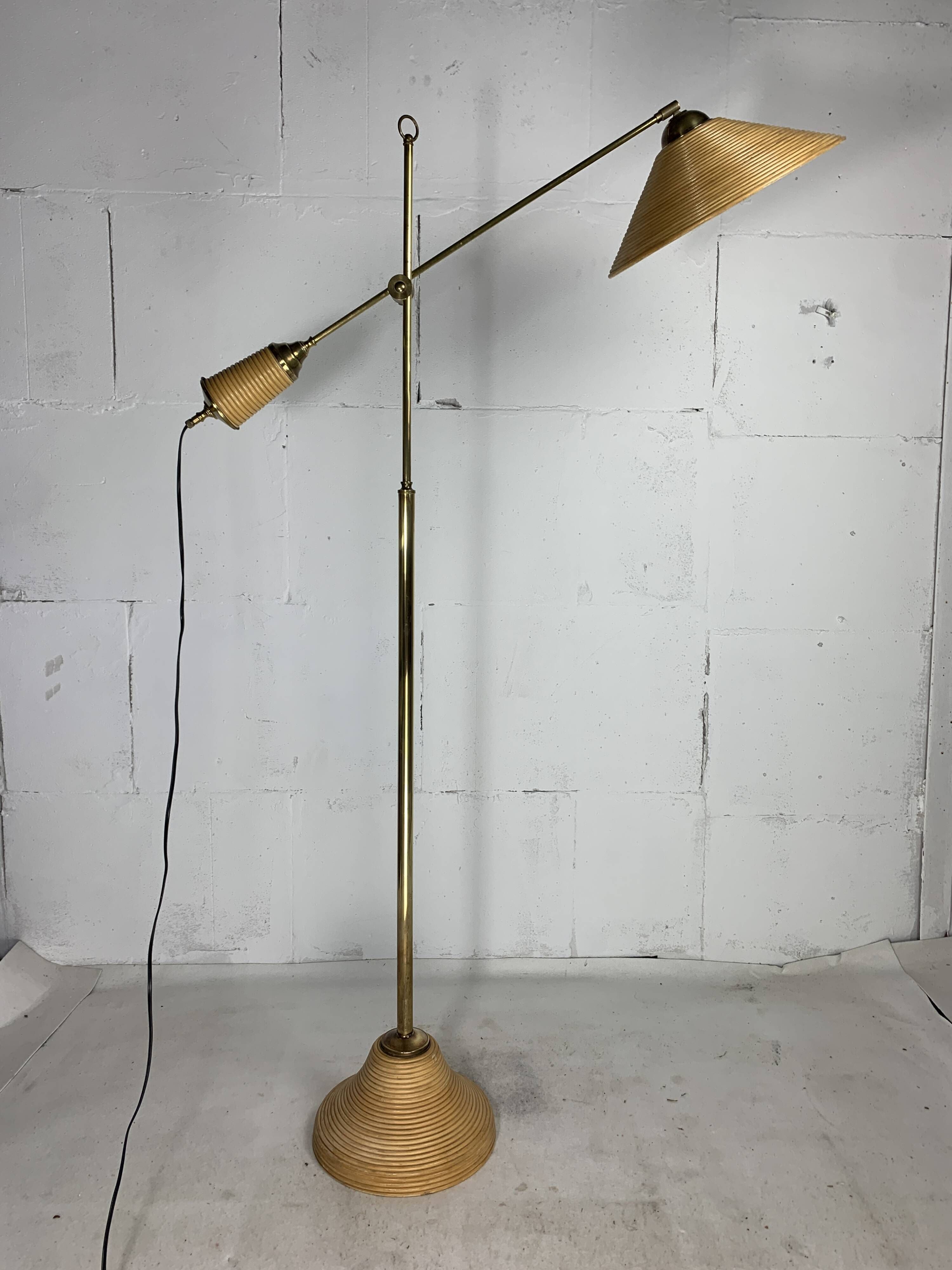 Italian adjustable floor lamp in pencil reed bamboo rattan and brass, 1970s