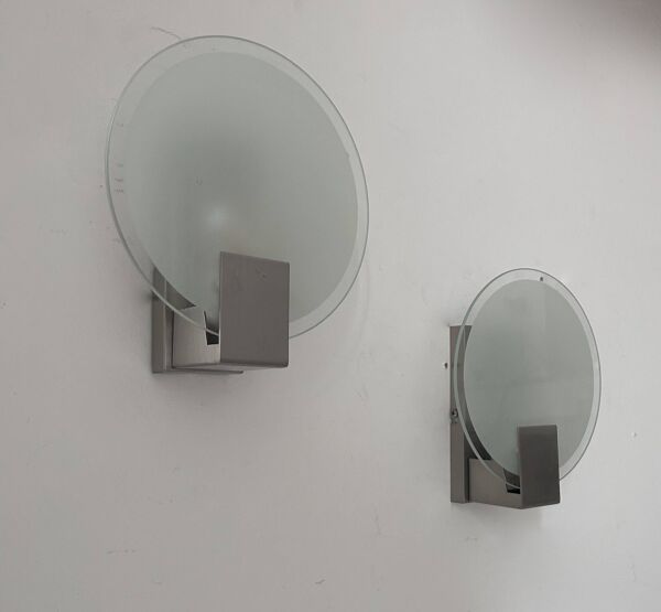 Paire d'applique vintage ronde, chrome et verre sablé, France 1980
