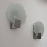 Pair of vintage round wall lights, chrome and sandblasted glass, France 1980s