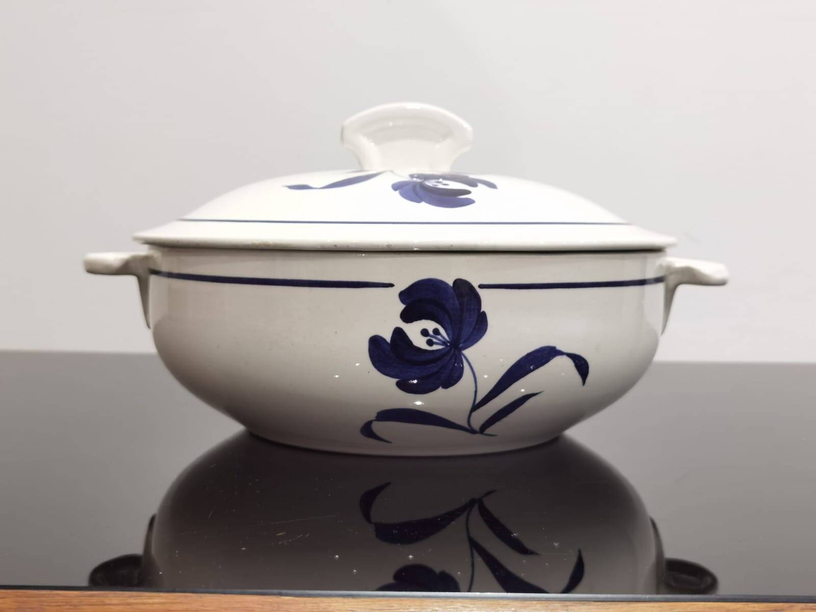 Old earthenware tureen with blue flower, Moulin des loups and hamage France, model