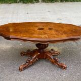 Victorian burl walnut wood coffee table with central leg inlay