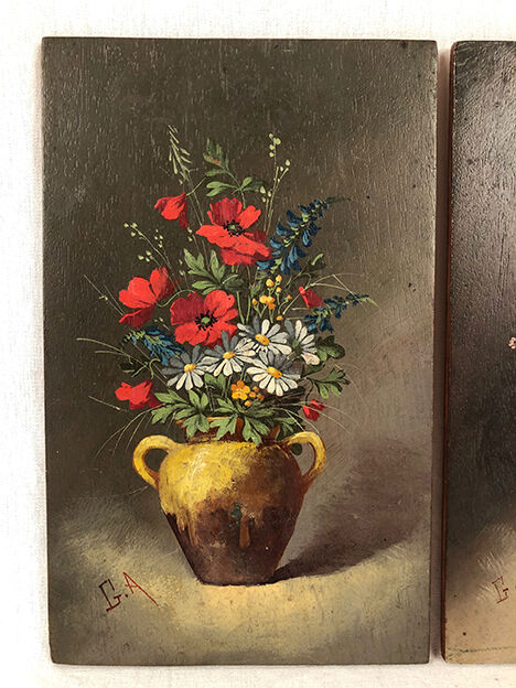 Pair of miniatures, oils on panel, bouquets of flowers