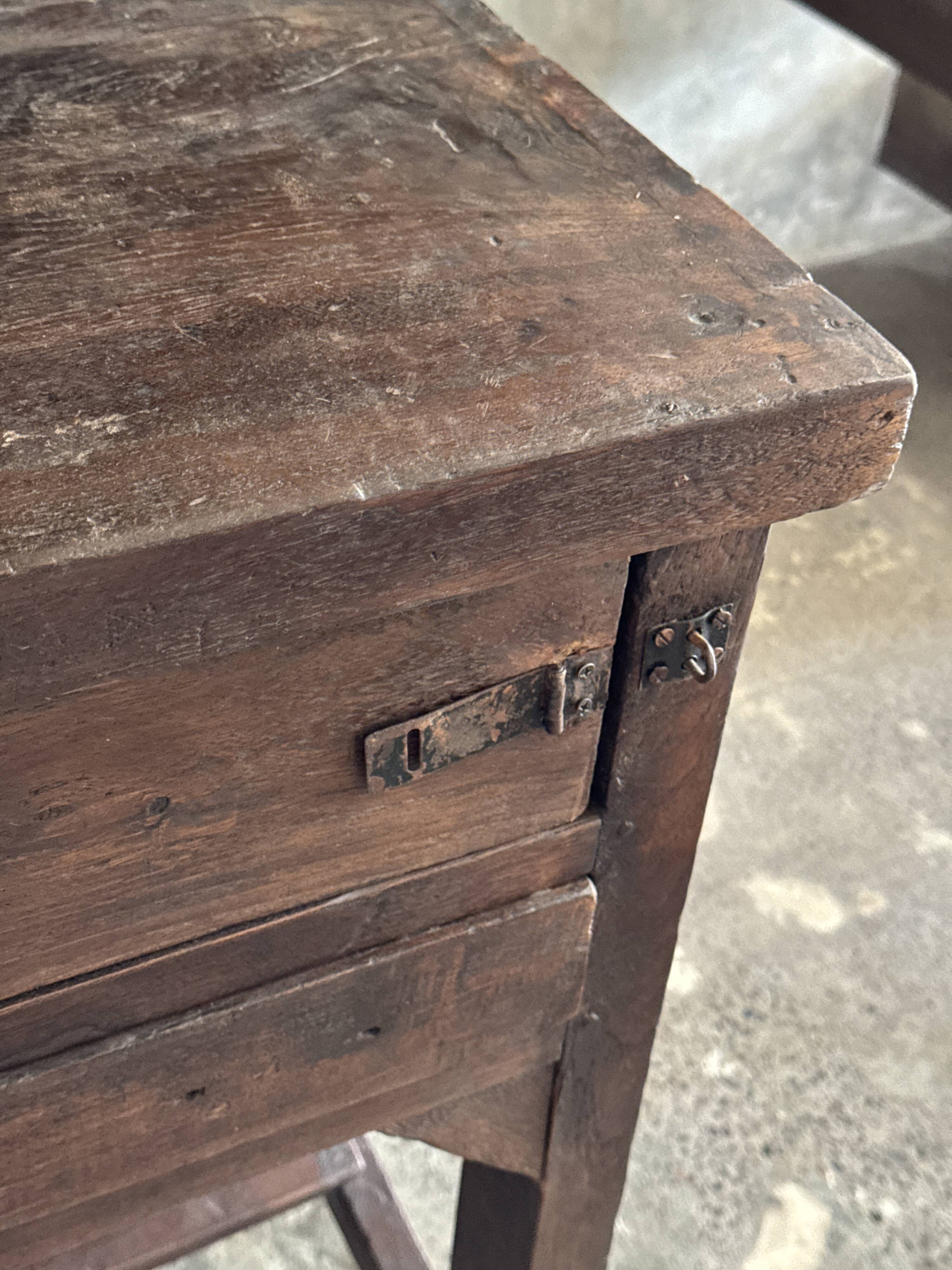 Antique Indonesian teak workbench with two drawers and stretcher H89.