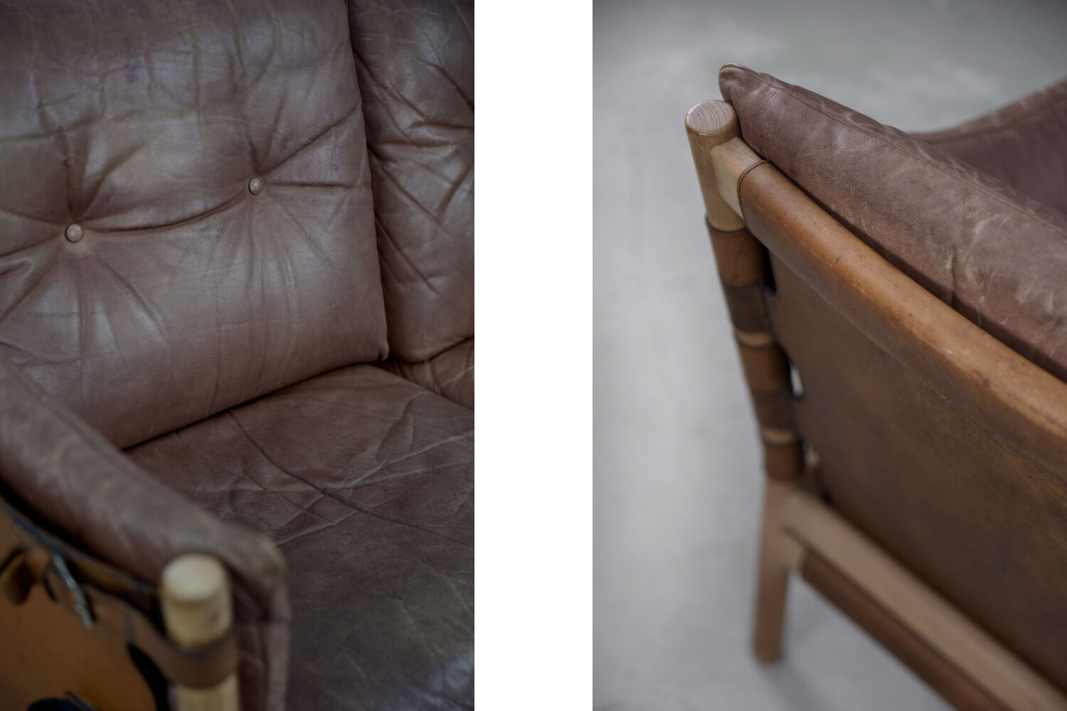 Vintage scandinavian oak & leather 2-seater Safari sofa, 1960s
