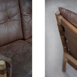 Vintage scandinavian oak & leather 2-seater Safari sofa, 1960s