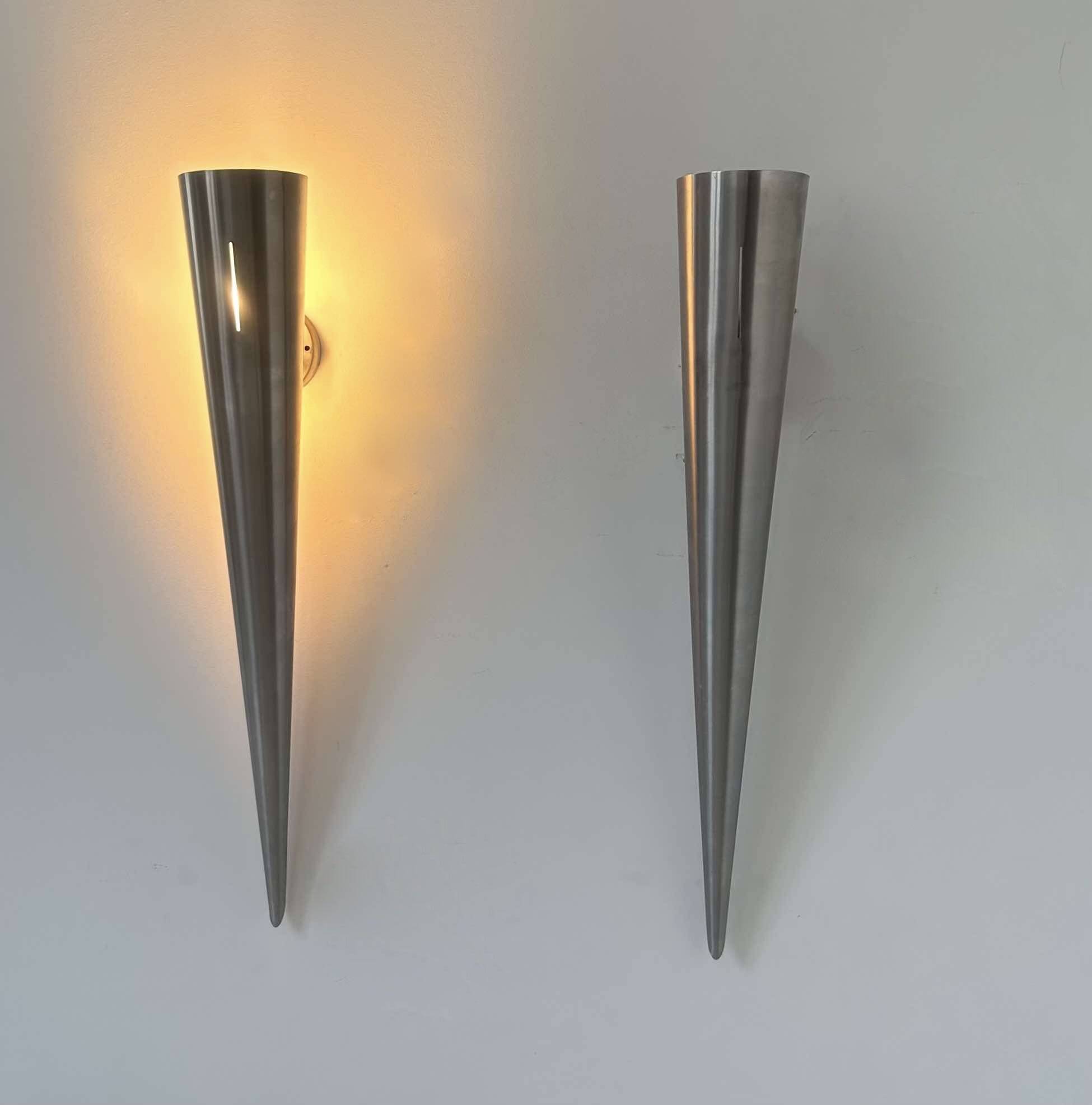 Pair of vintage XL wall lights, brushed curved metal, France 1980