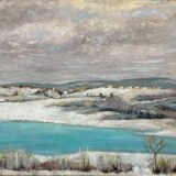 HST painting "Snow at Clairvaux les lacs" (Jura) signed + frame