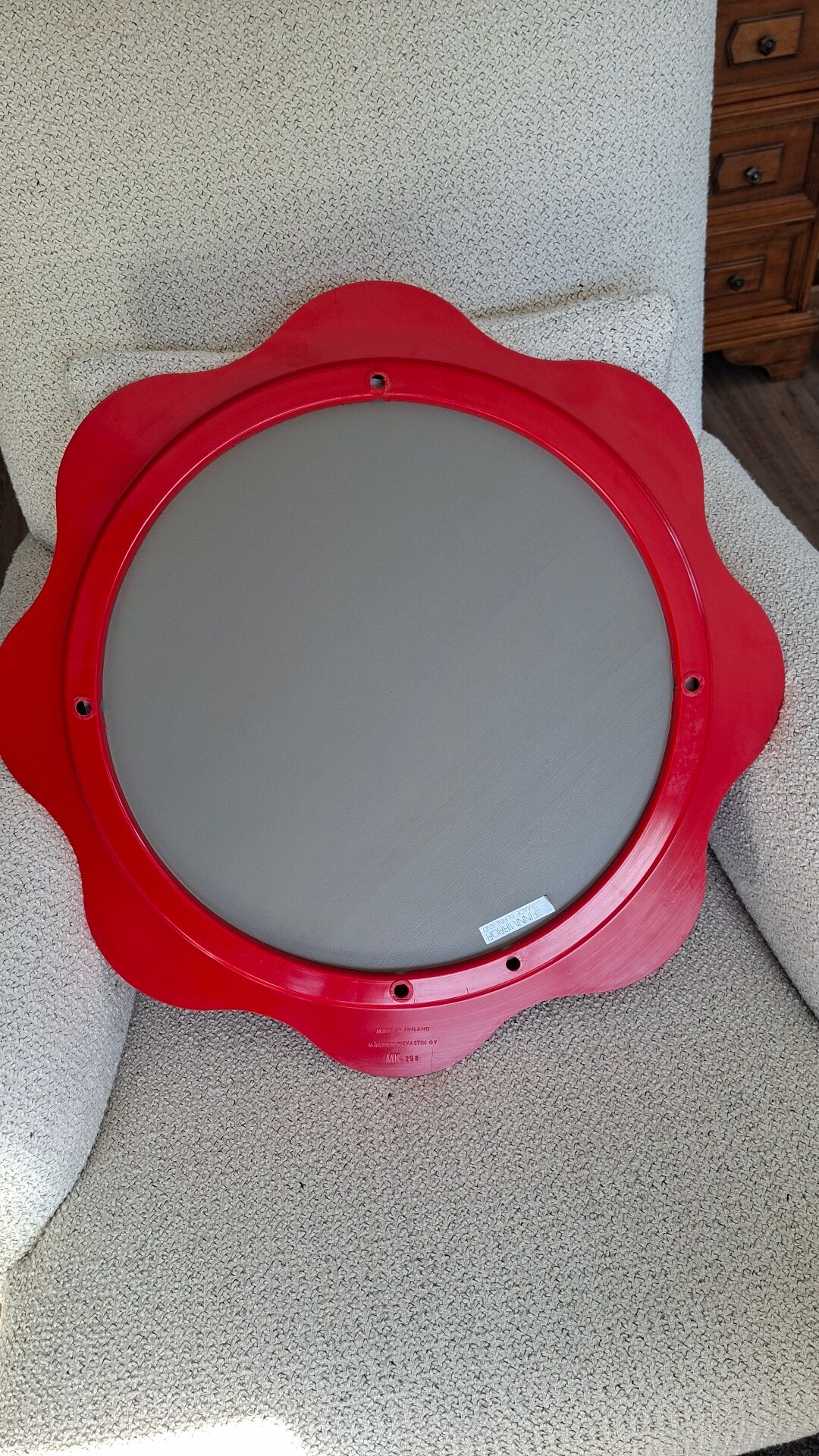 Round wall mirror 53 cm red/white vintage 1960s/70s
