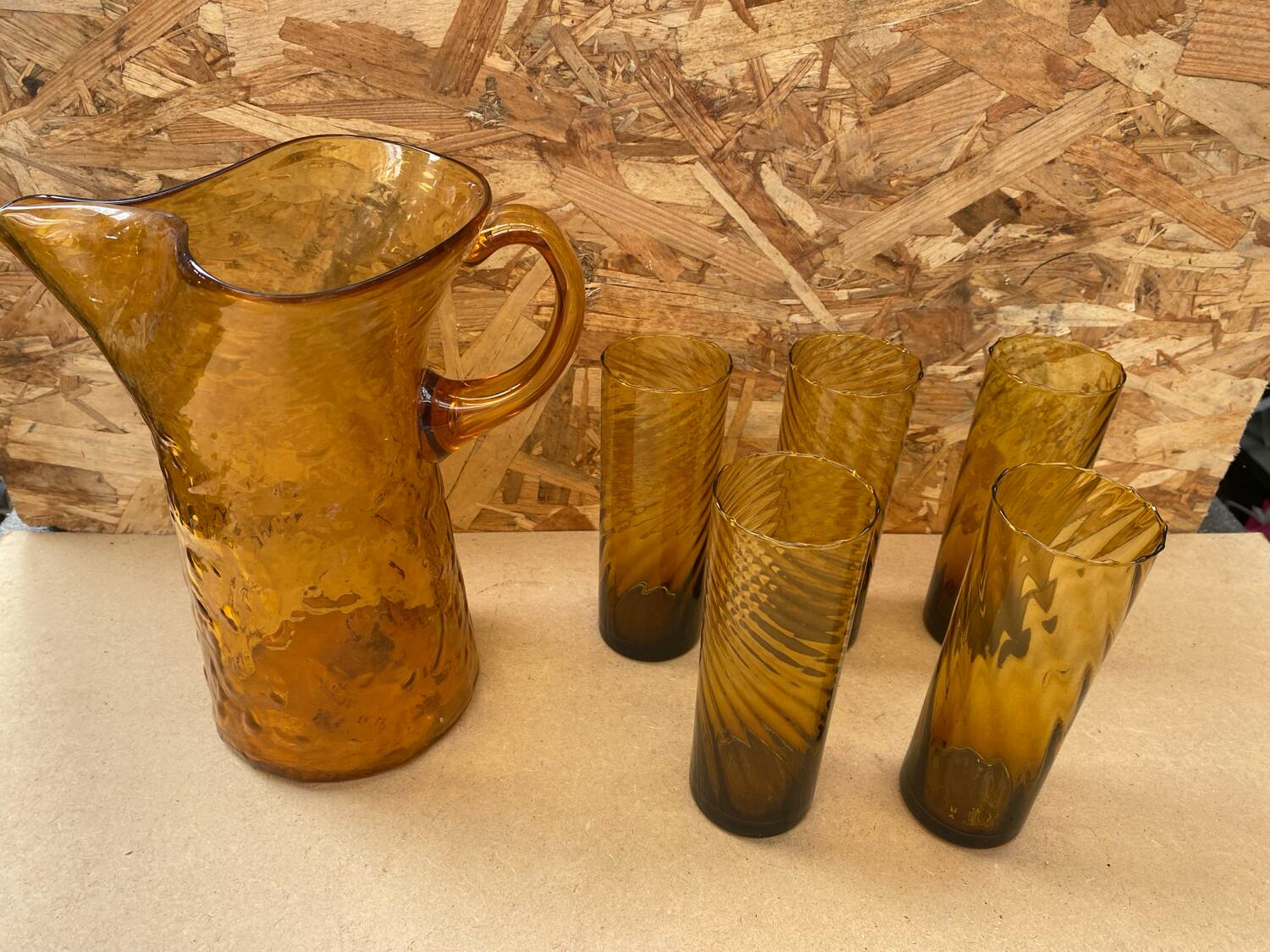 Orangeade carafe service + 5 vintage orange blown glass glasses