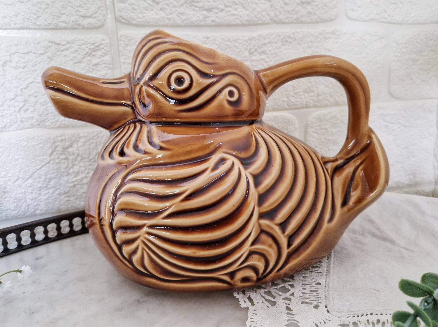 Vintage Sarreguemines slip duck pitcher