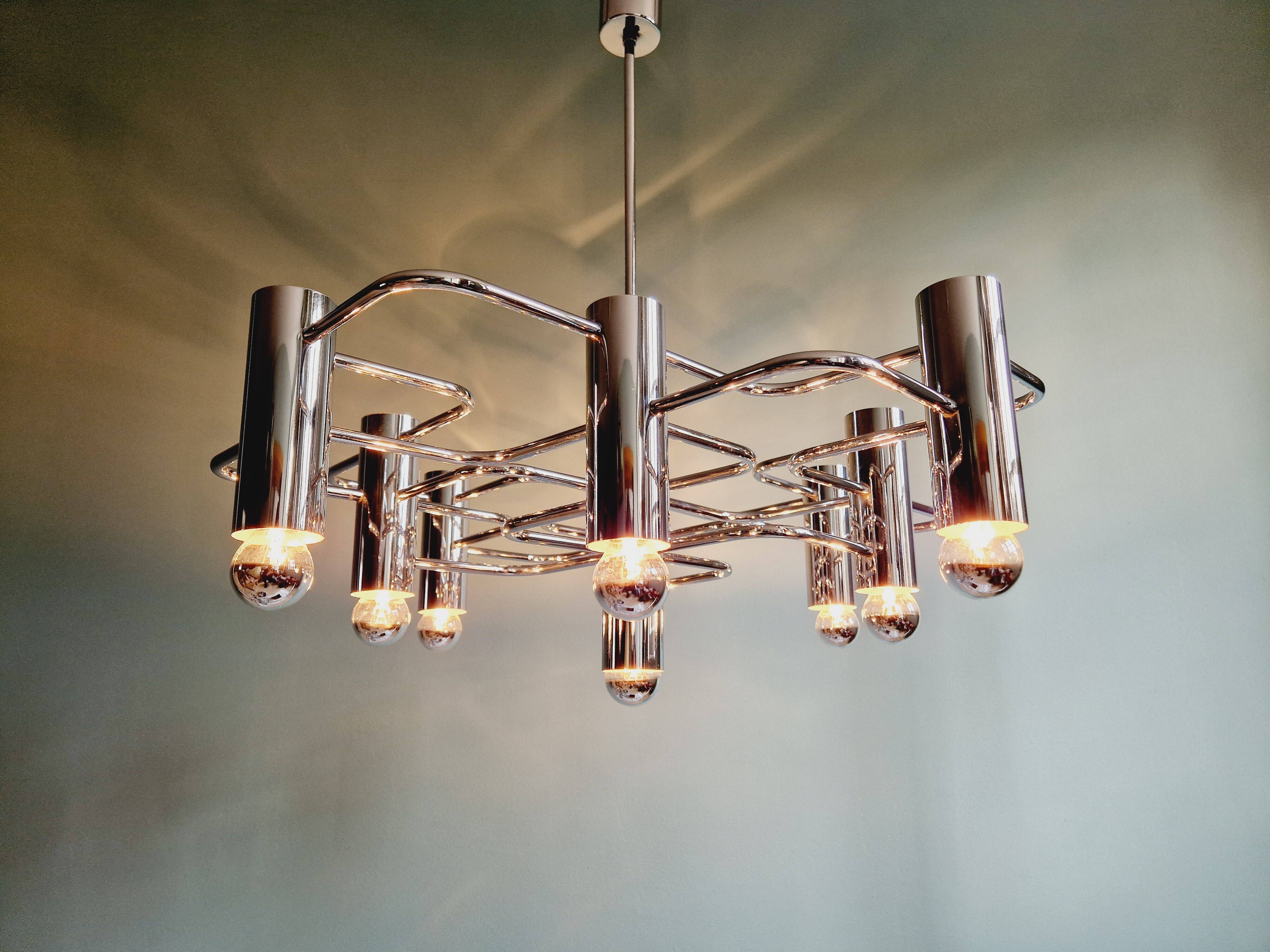 Chromed metal chandelier, design Gaetano Sciolari, 70s