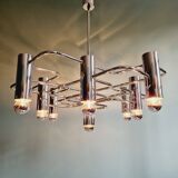 Chromed metal chandelier, design Gaetano Sciolari, 70s