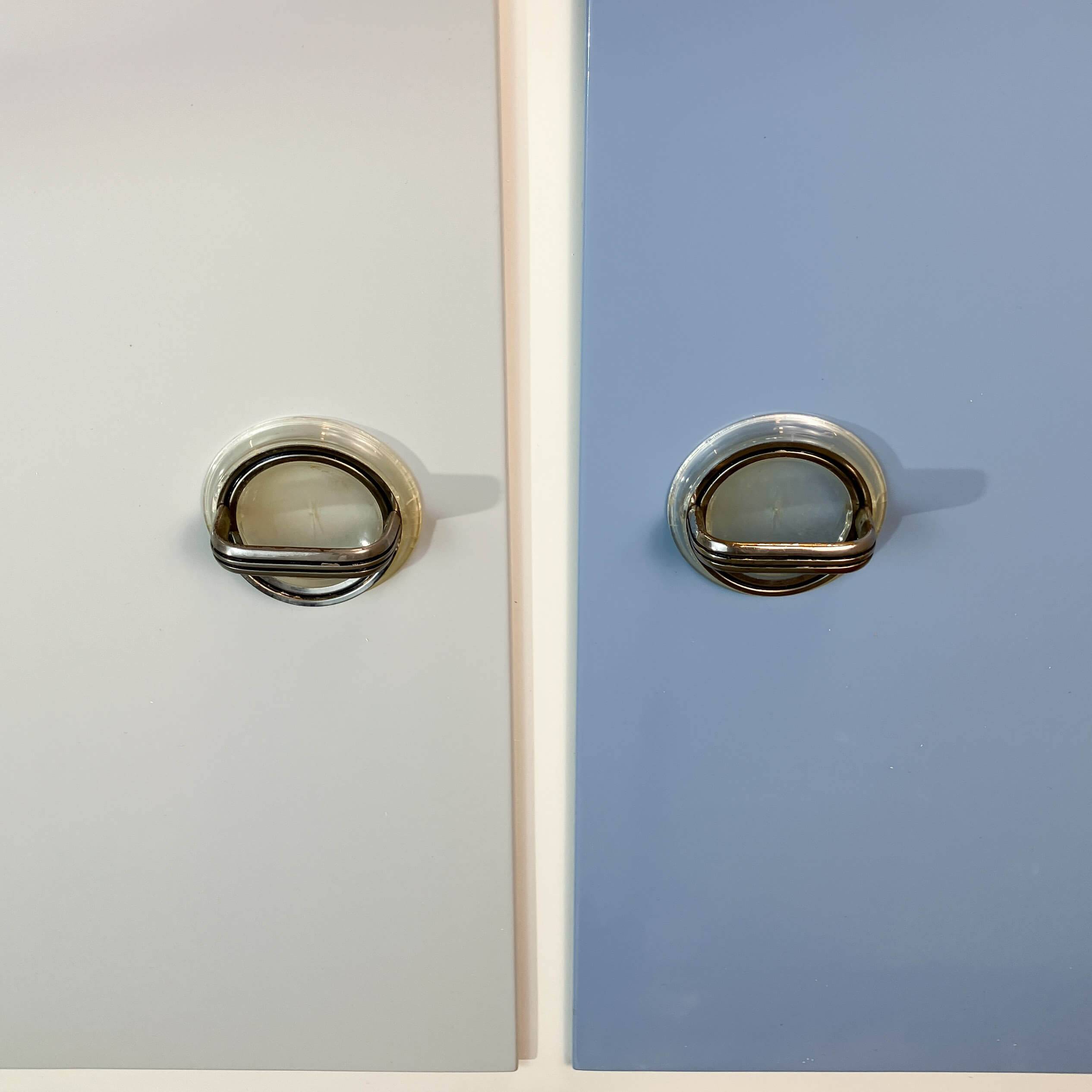 Kitchen cabinets, pastel blue and light gray, vintage from the 60s