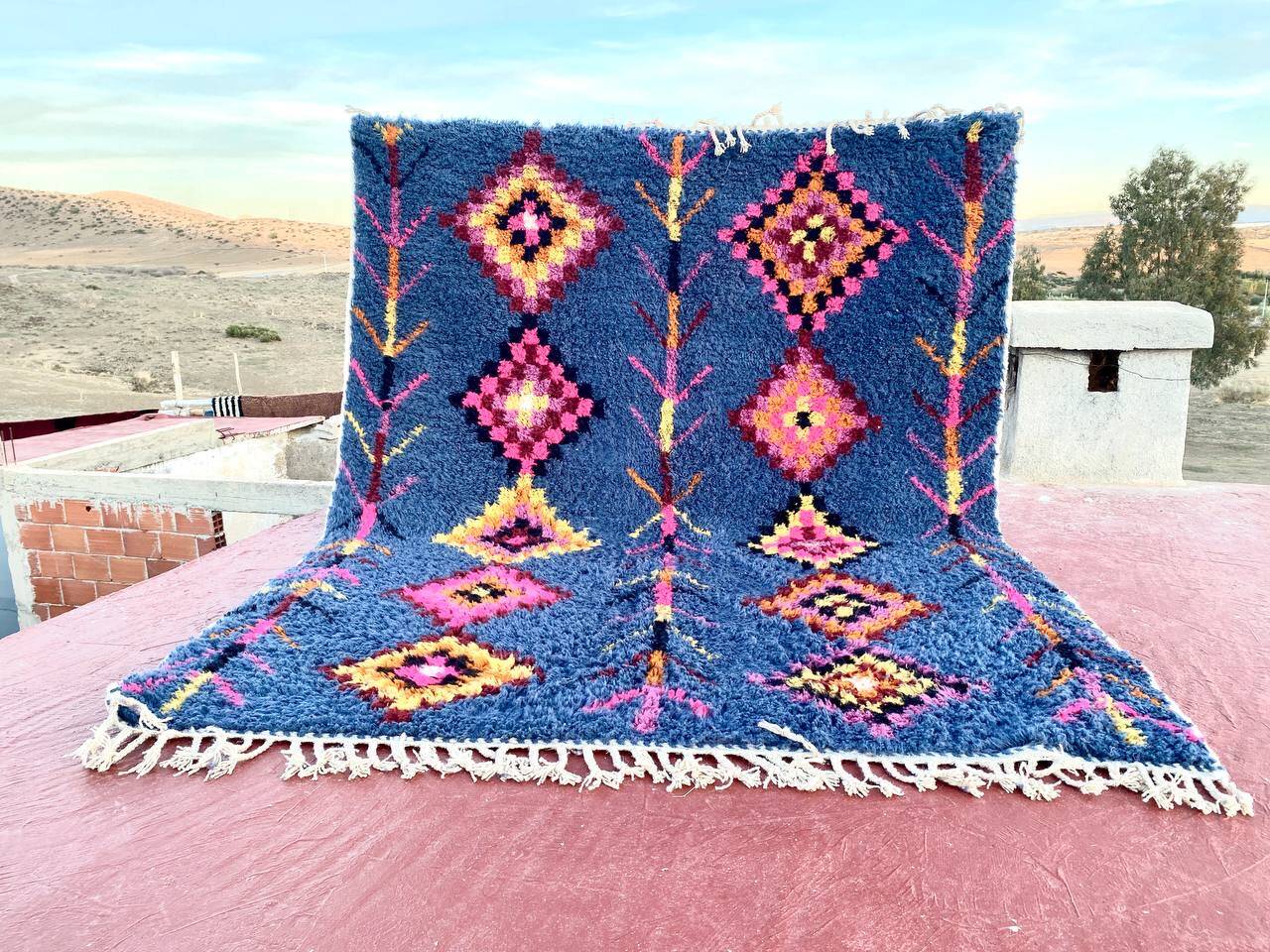 Berber rug 3x2M Thick wool deep blue & multicoloured Berber patterns