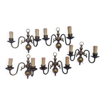 Set of 5 identical wall sconces in aged bronze, Dutch style.