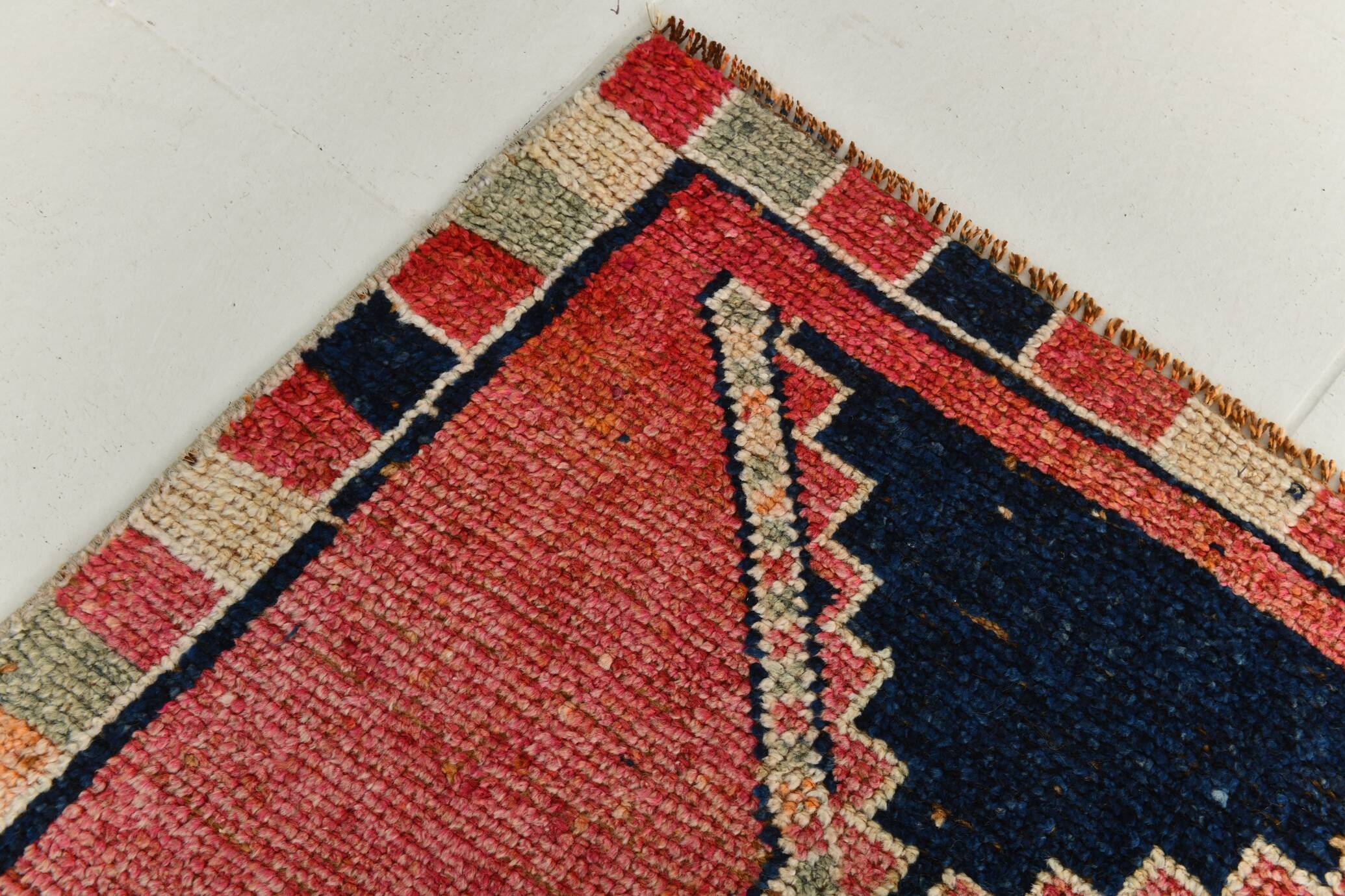Pomegranate Red & Navy Blue Vintage Runner Rug, Geometric Pattern Runner