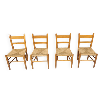 Mid century oak and wicker dining chairs, set of 4 - 1970s