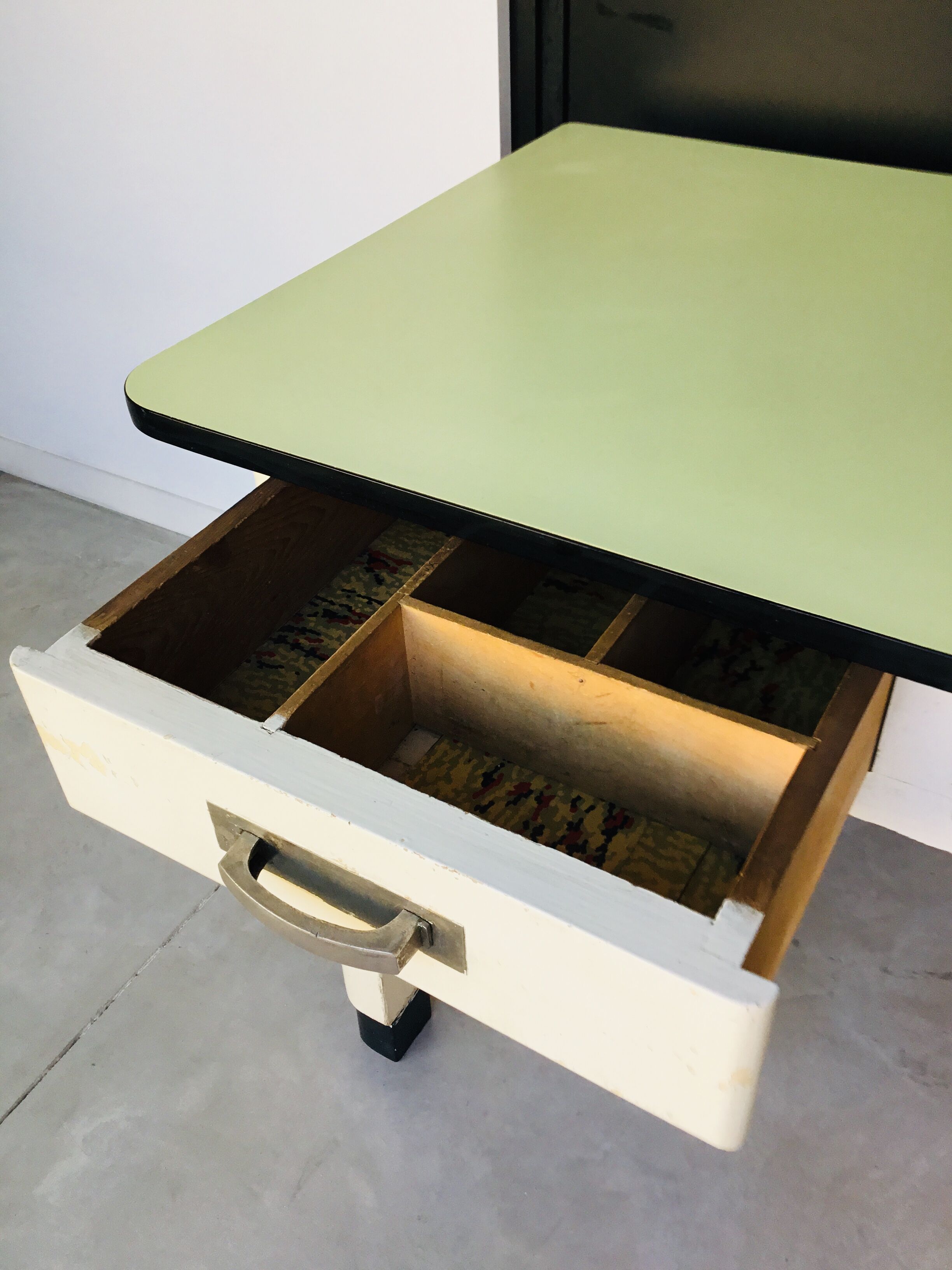 Kitchen table with drawers formica tray wooden footing 1950