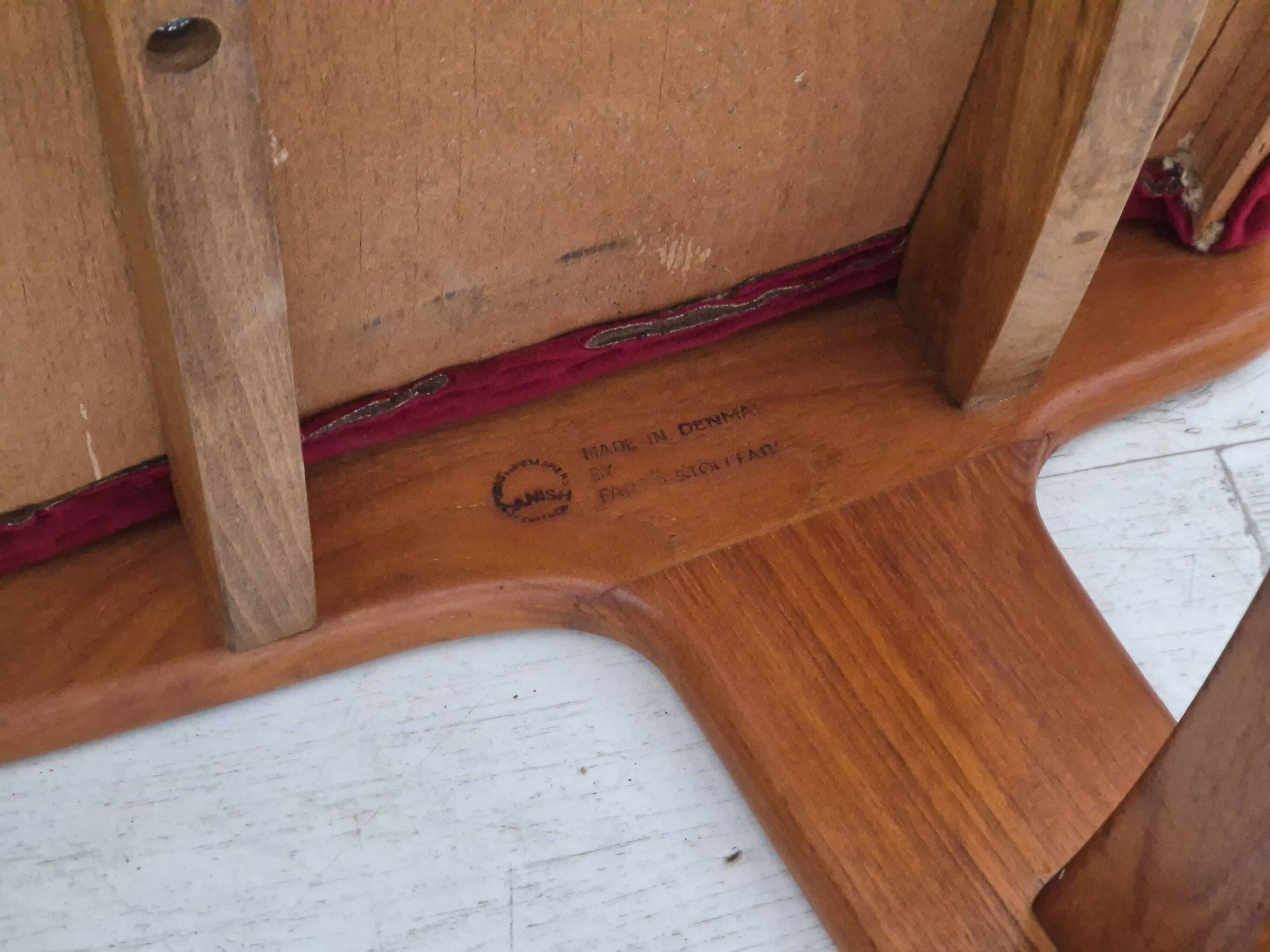 1970s, set of 4 reupholstered Danish chairs, Farsø Møbelfabrik, teak wood, furniture velour.