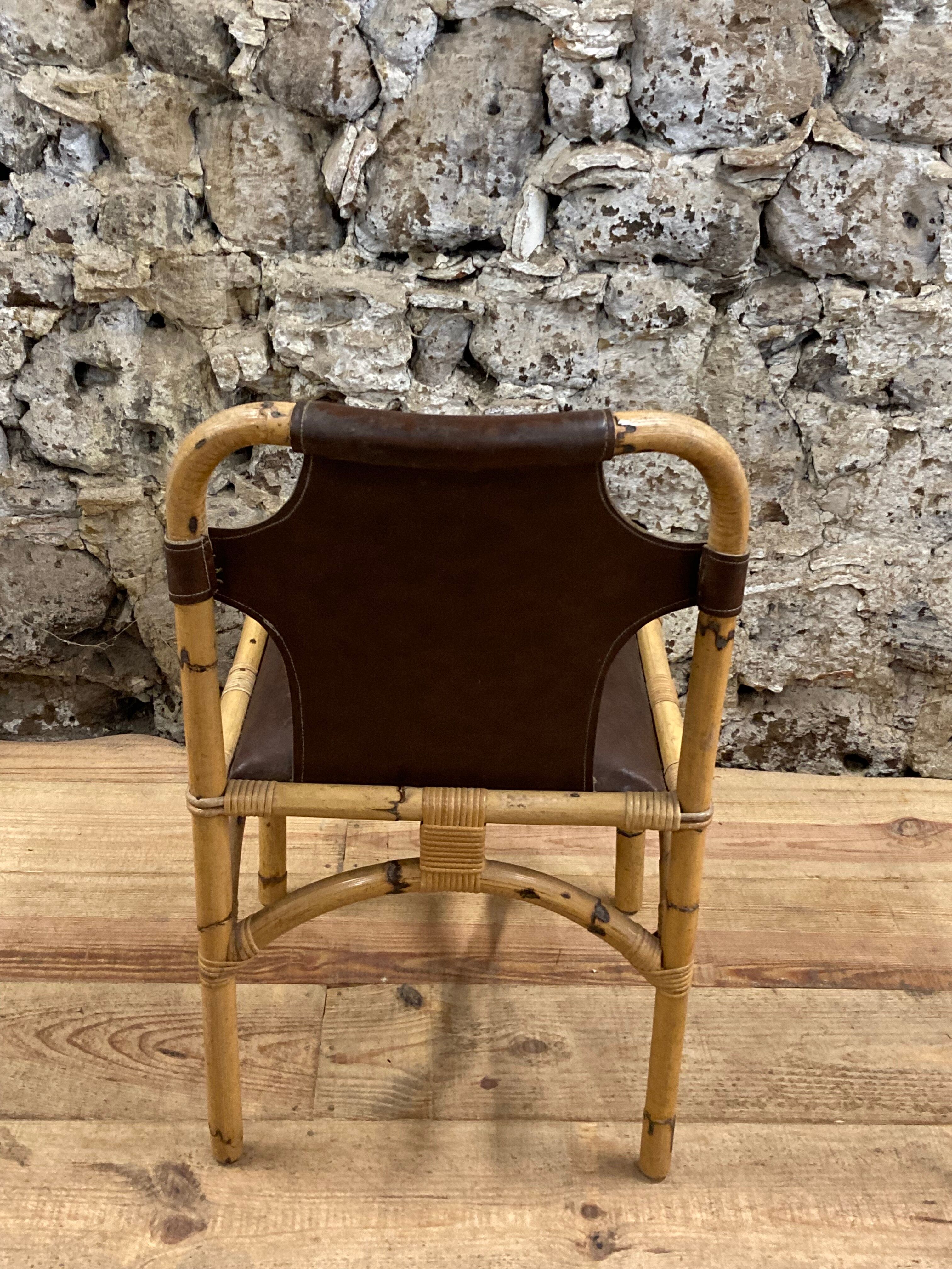 Vintage chair in rattan and bamboo and brown leather