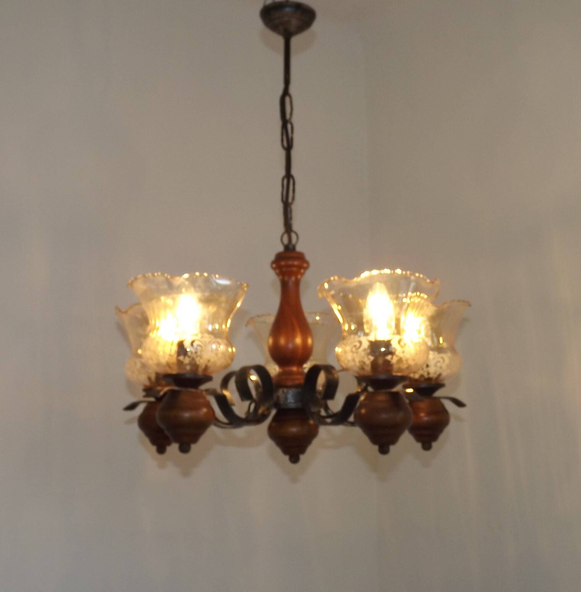 French 5 Light Mid Century Chandelier Wood Metal & Patterned Glass Shades