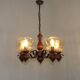 French 5 Light Mid Century Chandelier Wood Metal & Patterned Glass Shades