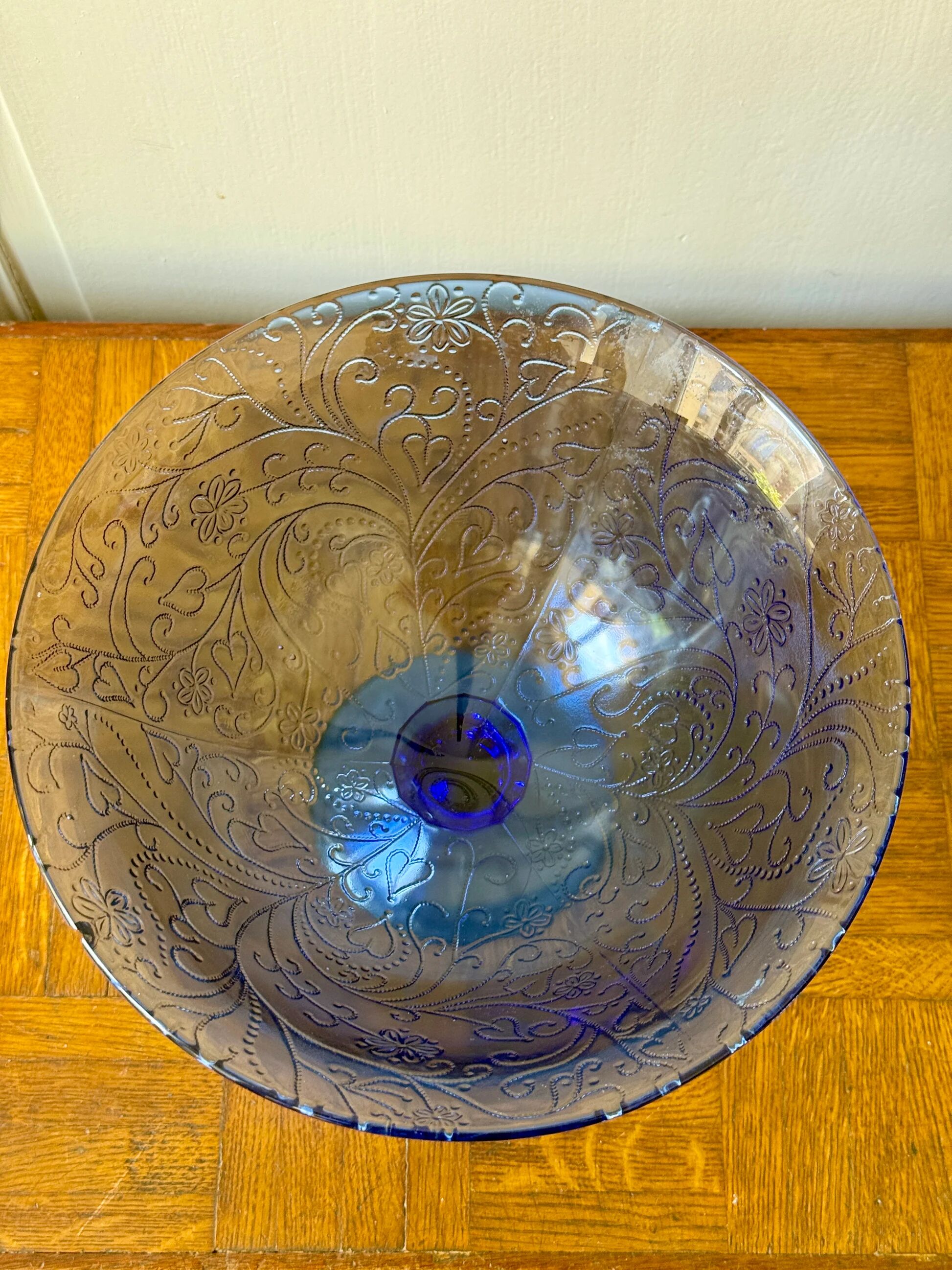 Bluish glass fruit bowl