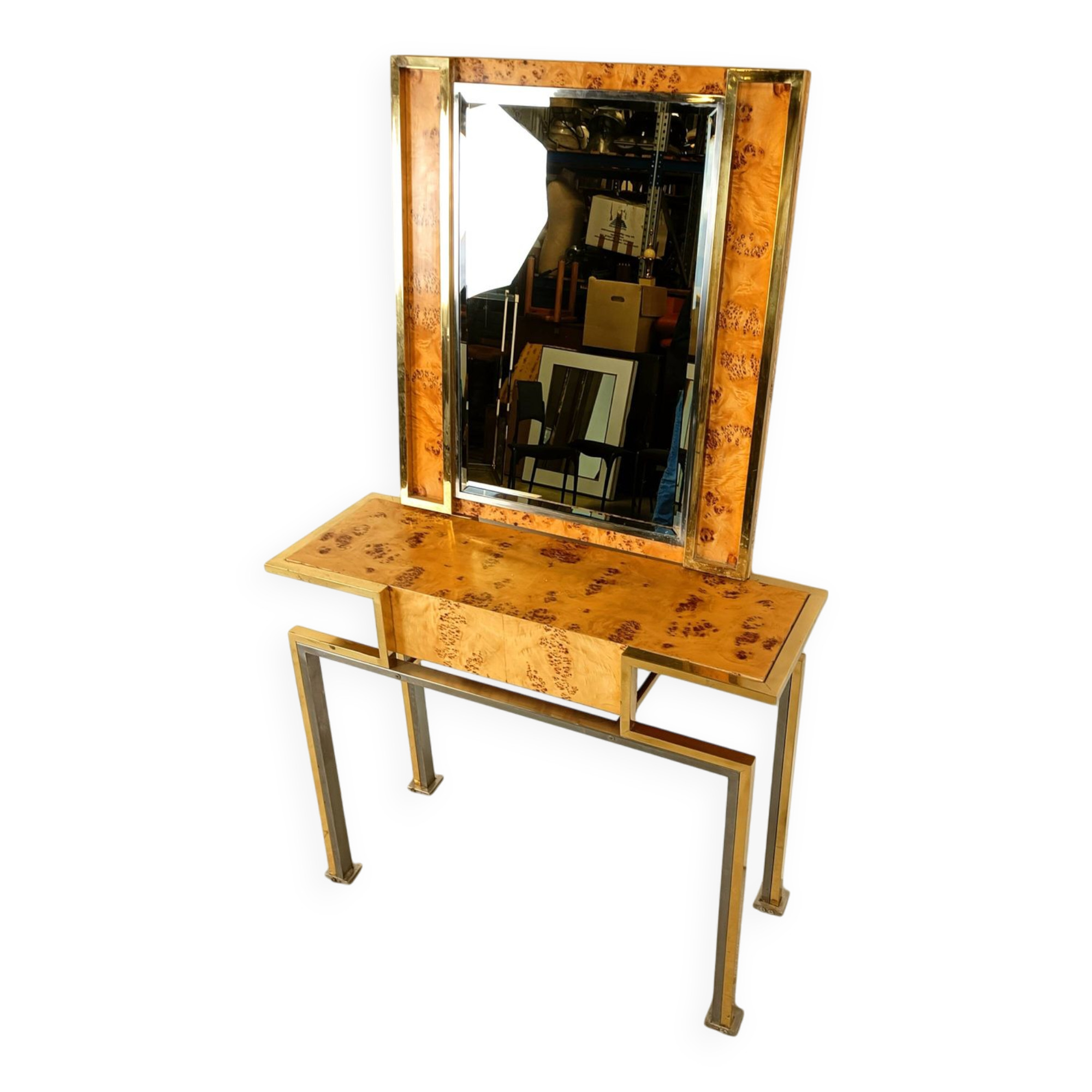 Vintage burl wood console with mirror, 1970s