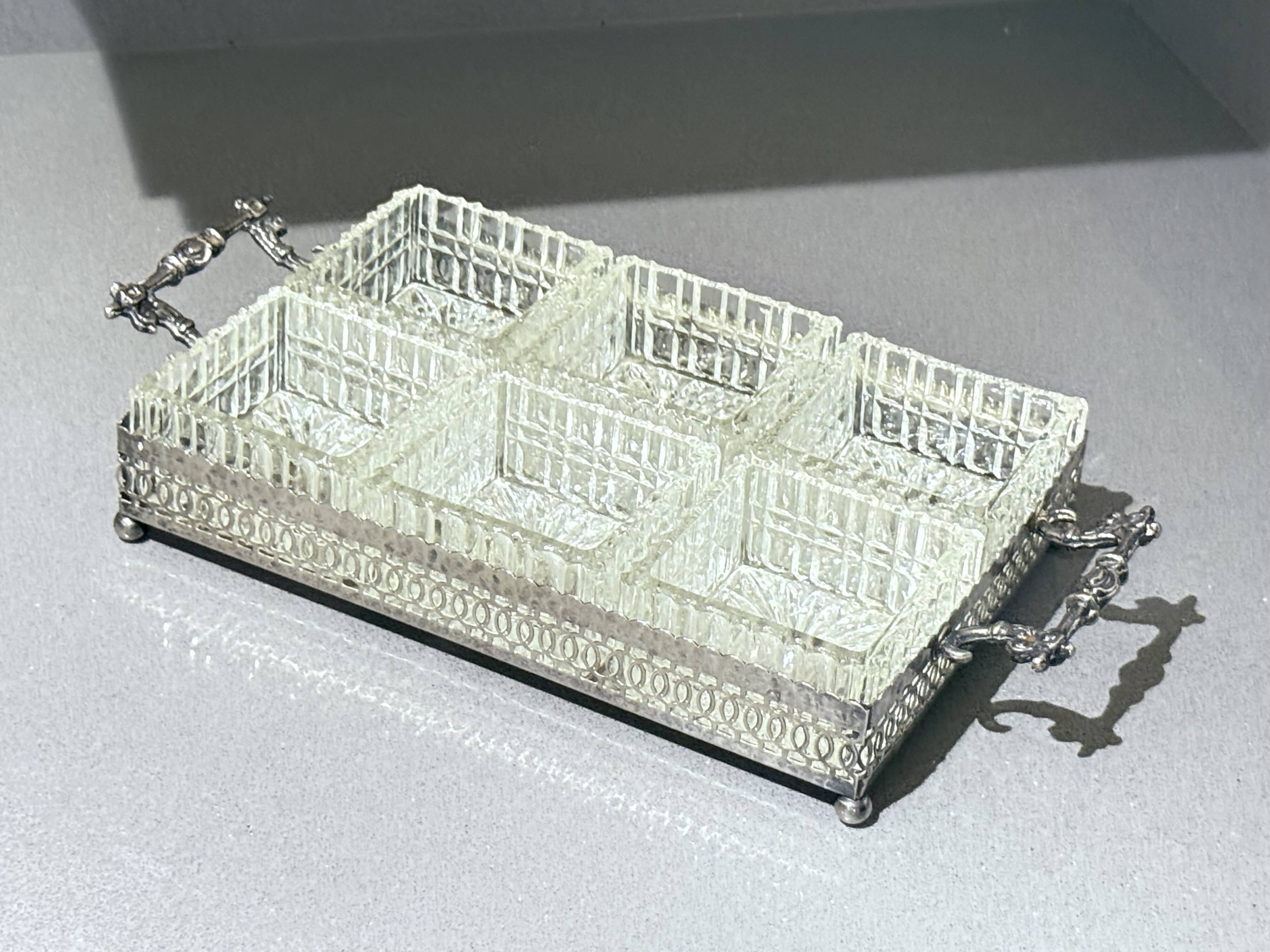 Silver-Plated Tray with Six Cut Glass Dishes, Vintage Entertaining Set