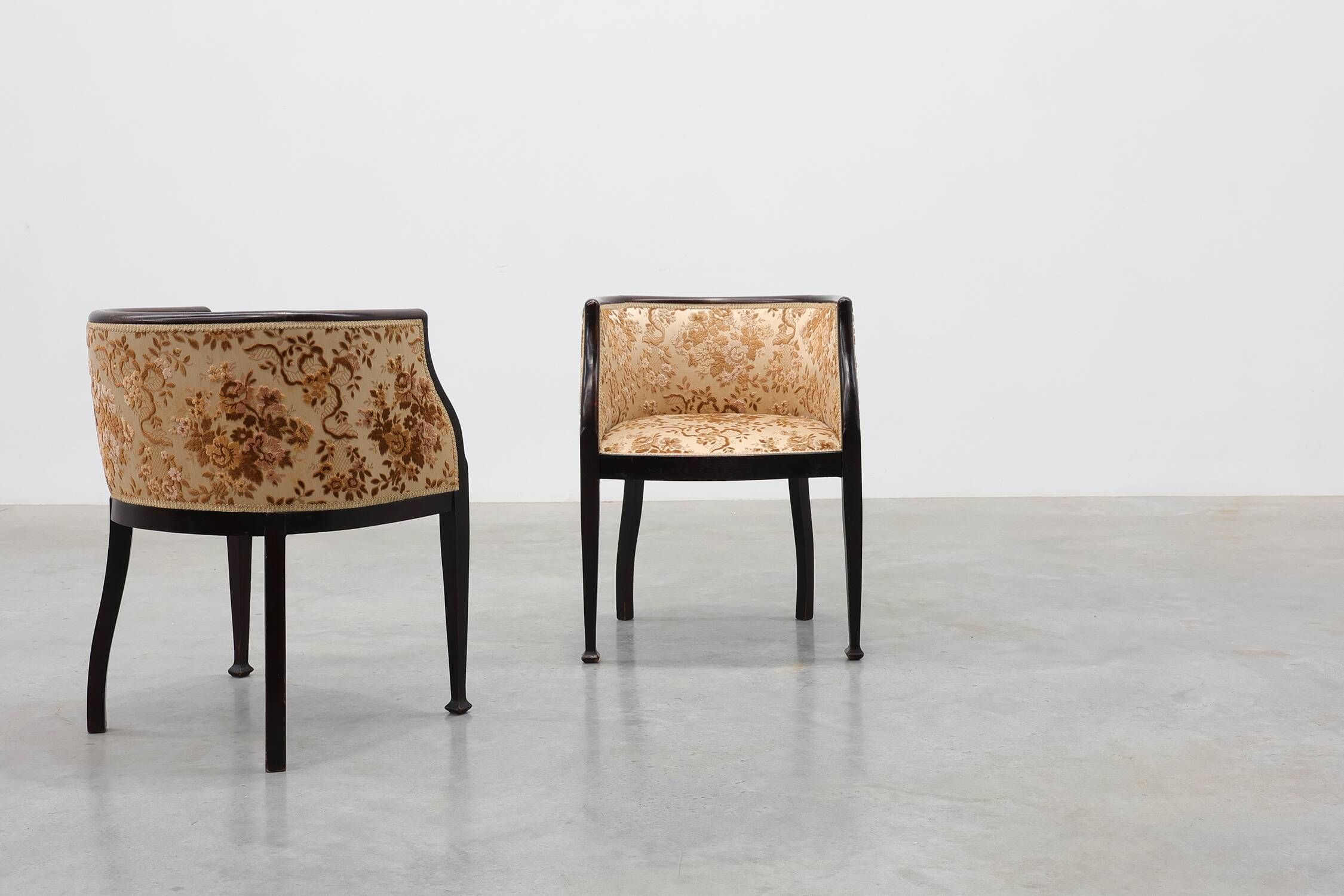 Pair of Ebonised Tub Armchairs with Floral Upholstery, France, Circa 1900