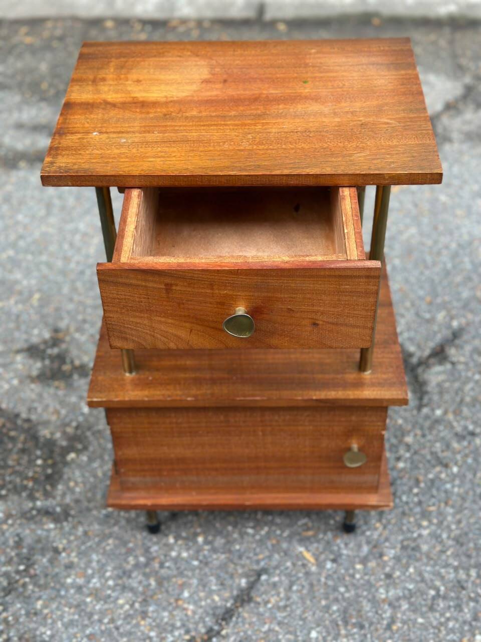 Mid-Century bedside table in solid teak/mahogany with brass, 1960.