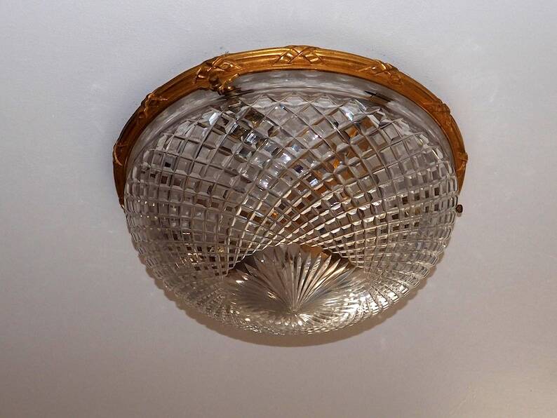 Bronze Cut Glass Ceiling Light: Mid-Century French Louis XVI Ceiling Lamp