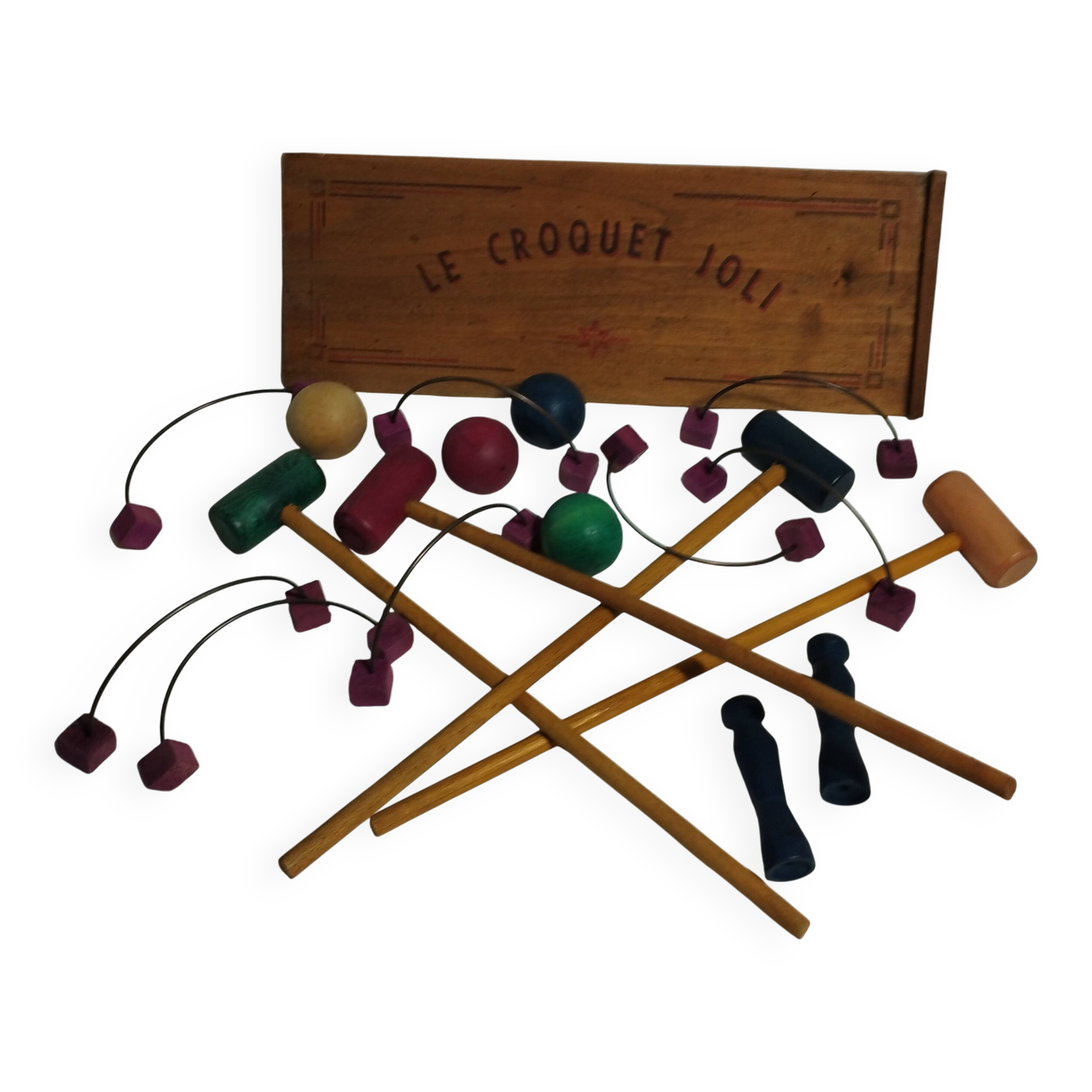 old wooden parlor croquet game "le croquet joli" in its box