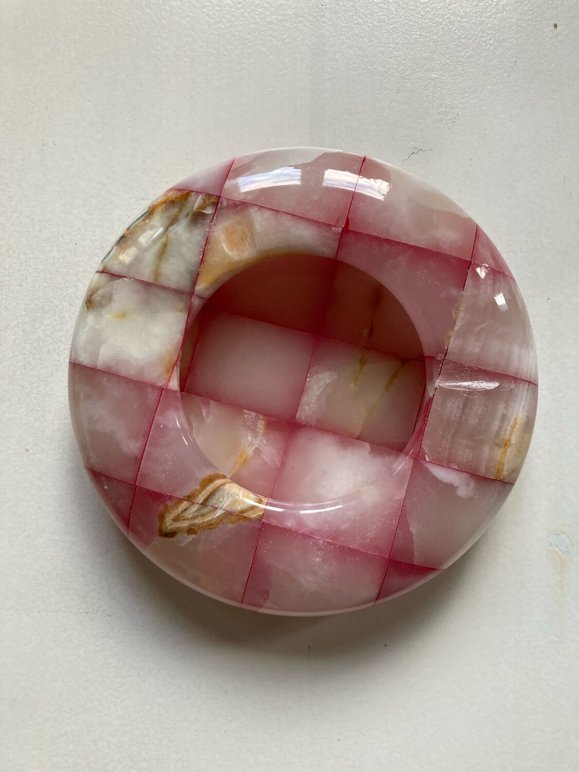 Ashtray with pink and white onyx checkerboard
