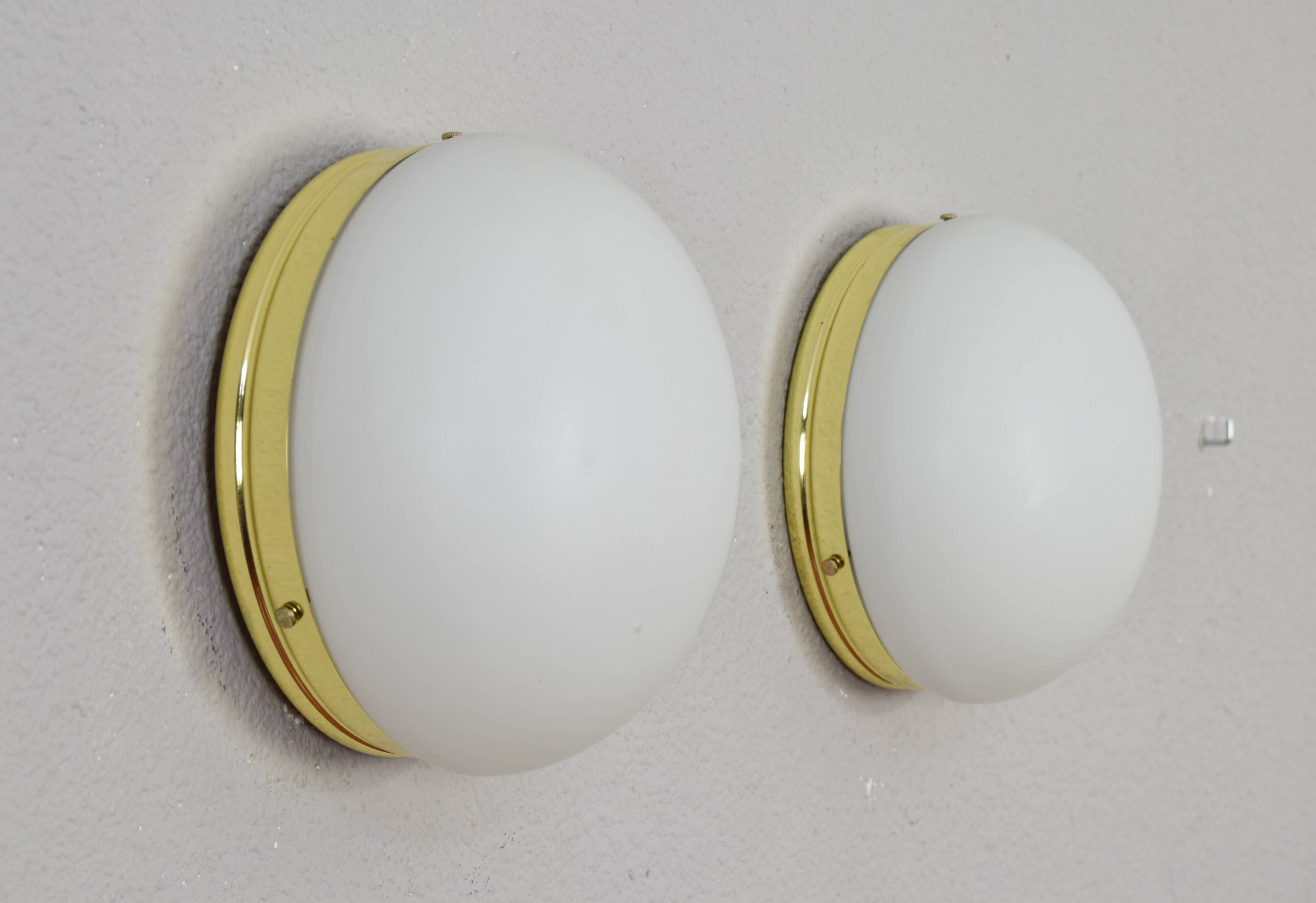 Mid Century Spanish Modern Brass and Opaline Glass Sconces Metalarte 70s