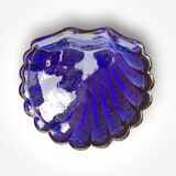 Vintage stainless steel and cobalt blue glass shell butter dish with box + knife